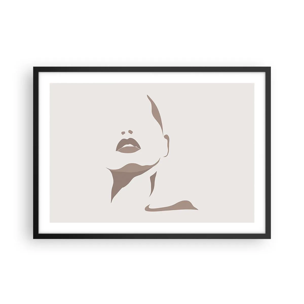 Plakat w czarnej ramie - Minimalistyczny kontur kobiecej twarzy w delikatnych beżach - 70x50cm - Stworzona ze światła i cienia - Nowoczesna dekoracja ścienna do salonu i sypialni ARTTOR