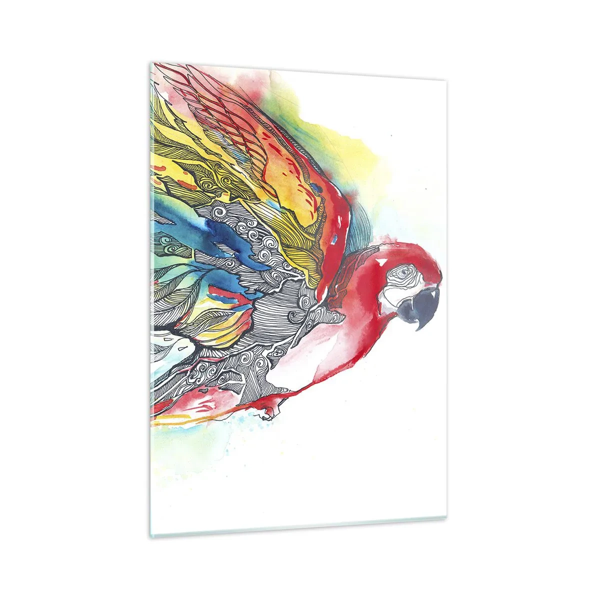 Obraz na szkle - Kolorowa papuga z artystycznymi skrzydłami i detalami - 50x70cm - Żyj kolorowo - Nowoczesna dekoracja ścienna do salonu, kuchni i sypialni ARTTOR