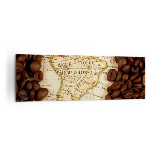 Obraz na płótnie - Mapa Ameryki Południowej otoczona ziarnami kawy - 160x50cm - Skąd pochodzi najlepsza kawa? - Nowoczesna dekoracja ścienna do salonu i sypialni ARTTOR