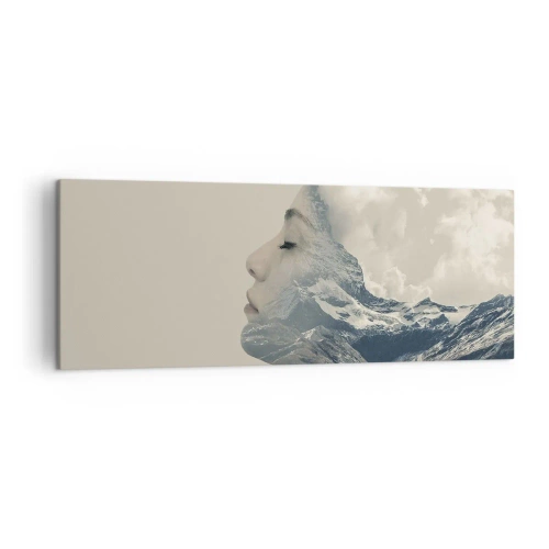 Obraz na płótnie - Sylwetka kobiety z krajobrazem gór w tle - 140x50cm - Uroda żywiołów - Nowoczesna dekoracja ścienna do salonu i sypialni ARTTOR