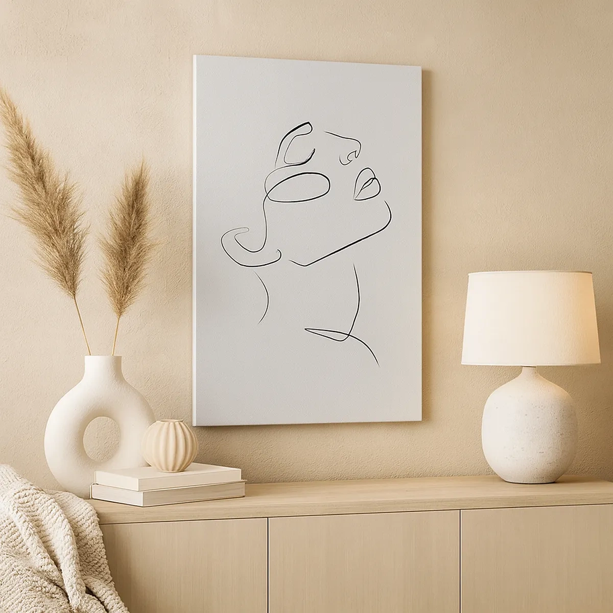 Obraz na płótnie - Minimalistyczna linia tworząca kontur kobiecej twarzy na jasnym tle - 50x70cm - Meandry marzenia - Nowoczesna dekoracja ścienna do salonu, kuchni i sypialni ARTTOR