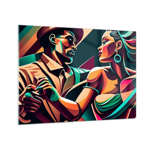 Obraz na szkle - Kolorowa para tańcząca w stylu art deco z dynamiczną ekspresją - 70x50cm - W rytmie serca - Nowoczesna dekoracja ścienna do salonu i sypialni ARTTOR
