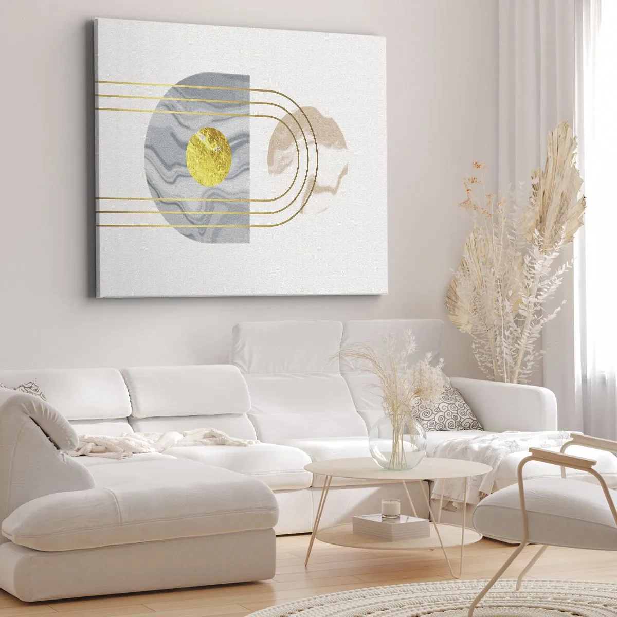 Obraz na płótnie - Abstrakcyjna kompozycja z okręgami i złotymi liniami na jasnym tle - 70x50cm - Jasność i blask - Nowoczesna dekoracja ścienna do salonu i sypialni ARTTOR