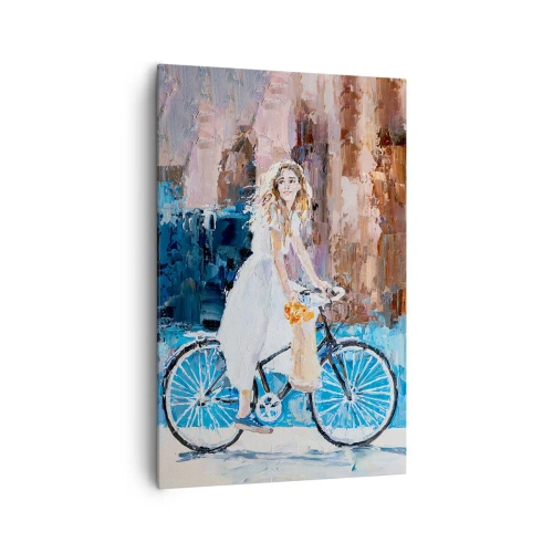Obraz na płótnie - Kobieta w białej sukni na rowerze w impresjonistycznym stylu - 80x120cm - Radość o poranku - Nowoczesna dekoracja ścienna do salonu i sypialni ARTTOR