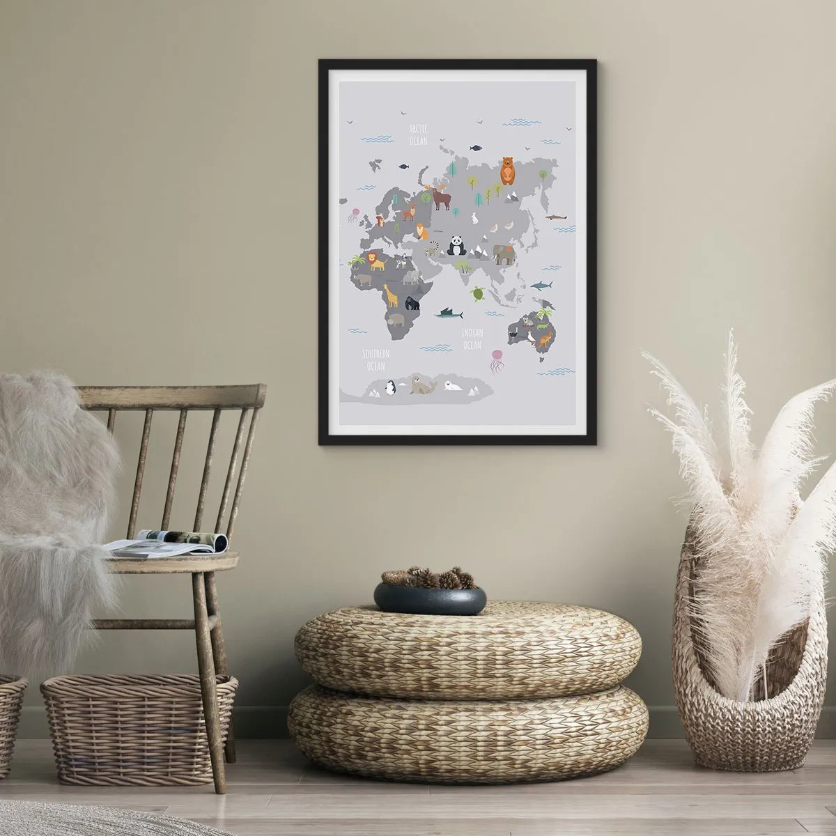 Plakat w czarnej ramie - Mapa świata z kolorowymi zwierzętami dla dzieci - 50x70cm - Powiedz mi, skąd jesteś… - Nowoczesna dekoracja ścienna do salonu i sypialni ARTTOR
