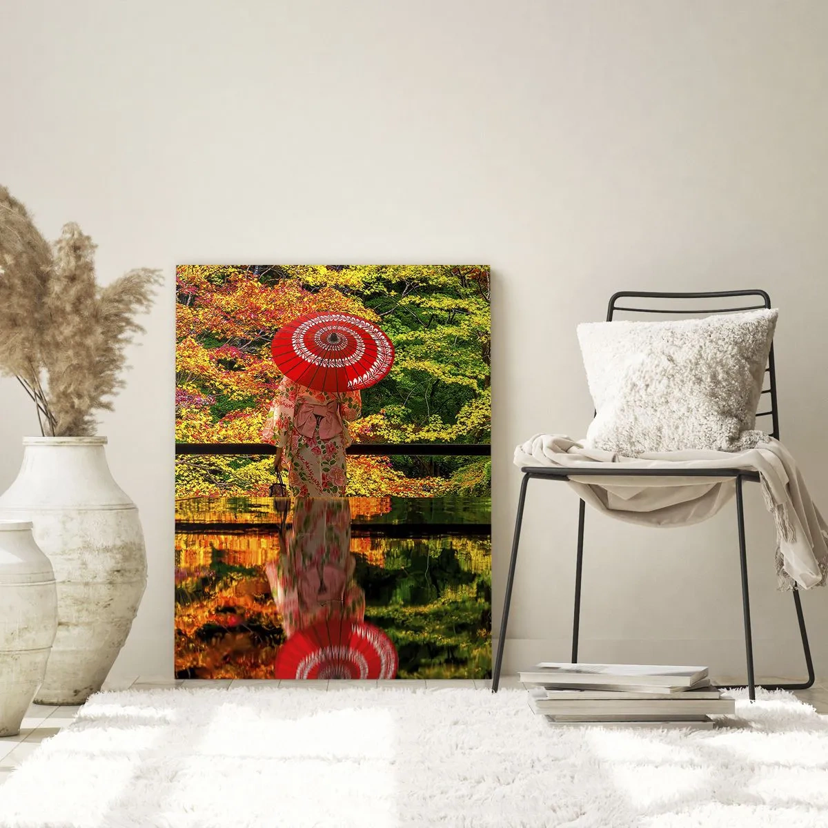 Obraz na szkle - Kobieta w kimonie z parasolem na tle jesiennego krajobrazu - 80x120cm - W świątyni natury - Nowoczesna dekoracja ścienna do salonu i sypialni ARTTOR