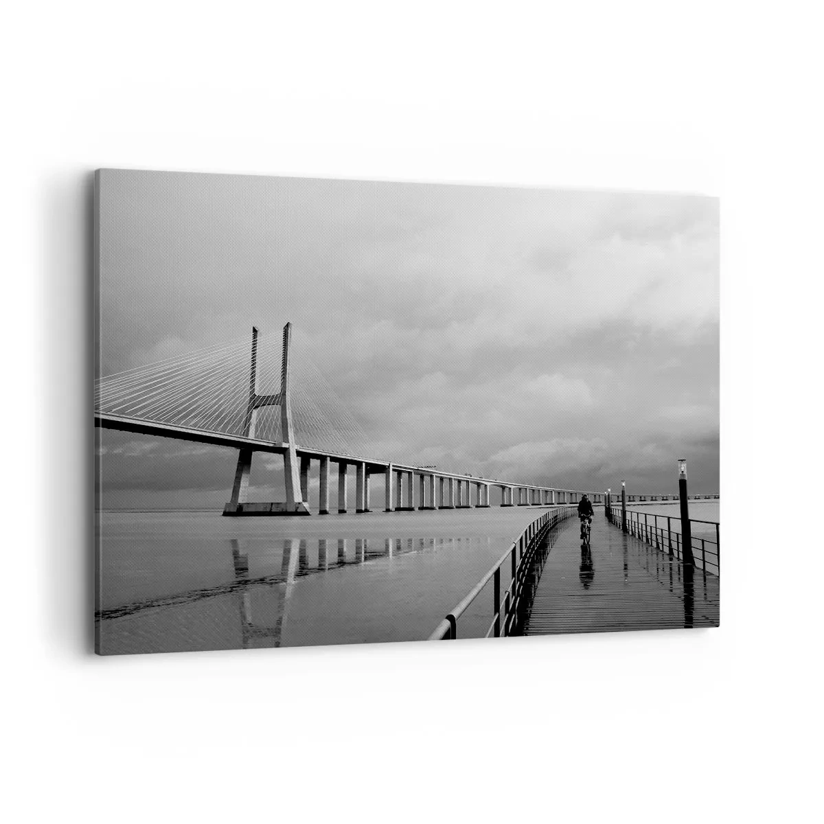 Obraz na płótnie - Most wiszący nad wodą w czarno-białej tonacji - 100x70cm - Każdemu co mu się należy - Nowoczesna dekoracja ścienna do salonu, kuchni i sypialni ARTTOR