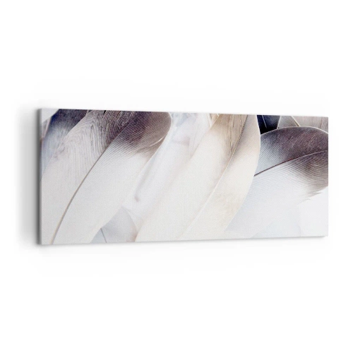 Obraz na płótnie - Zbliżenie na delikatne pióra w odcieniach bieli i szarości - 120x50cm - Niemal anielskie - Nowoczesna dekoracja ścienna do salonu i sypialni ARTTOR