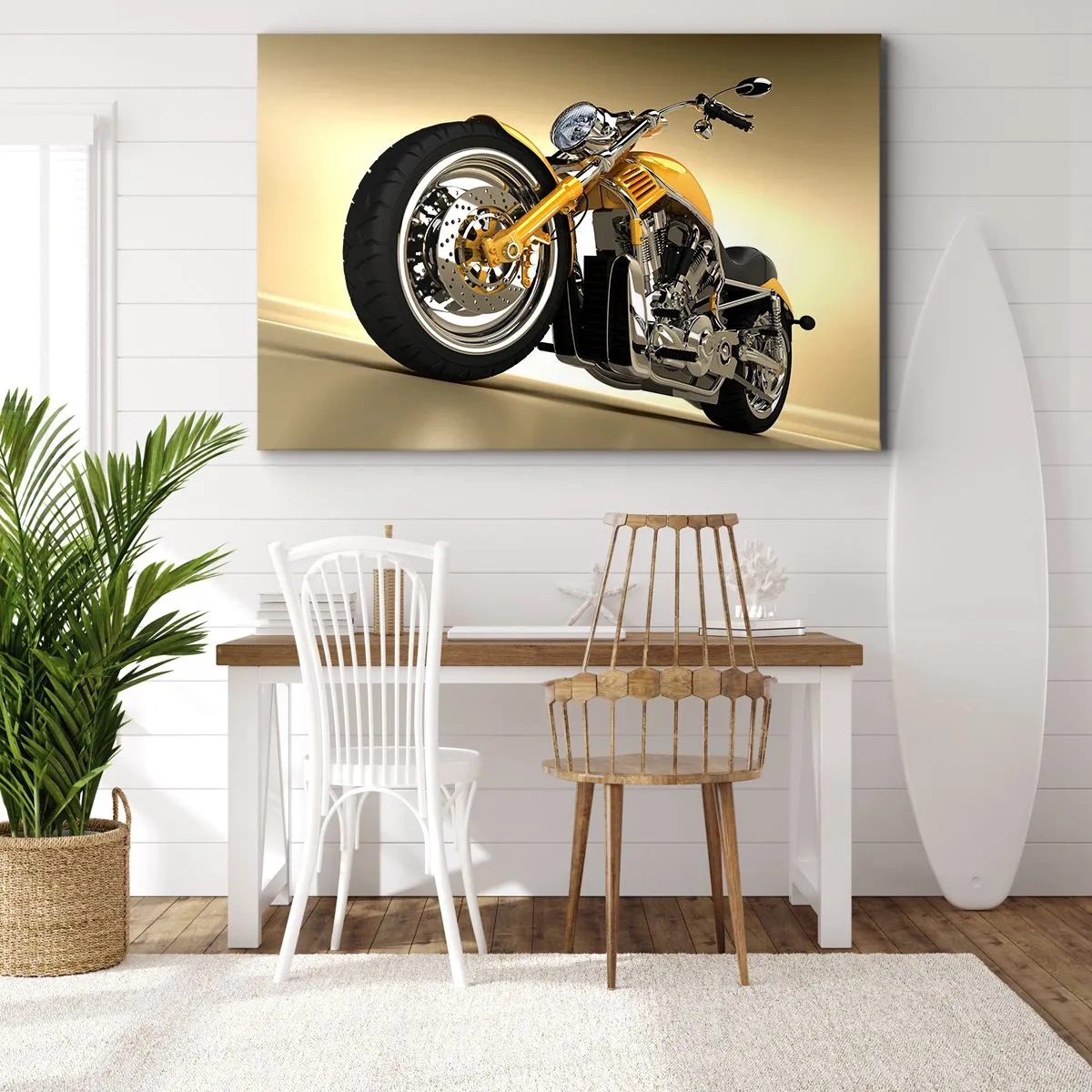 Obraz na płótnie - Żółty motocykl w stylu chopper na tle beżowej ściany - 70x50cm - Marzenie o sile i prędkości - Nowoczesna dekoracja ścienna do salonu i sypialni ARTTOR