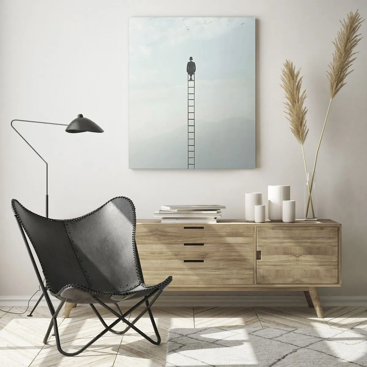 Obraz na szkle - Sylwetka mężczyzny na szczycie drabiny w chmurach - 50x70cm - Wznieś się ponadto - Nowoczesna dekoracja ścienna do salonu, kuchni i sypialni ARTTOR