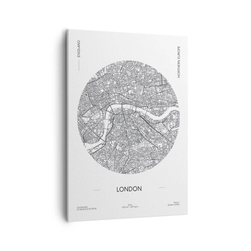 Obraz na płótnie - Minimalistyczna mapa Londynu w czarno-białej stylistyce - 50x70cm - Anatomia Londynu - Nowoczesna dekoracja ścienna do salonu, kuchni i sypialni ARTTOR