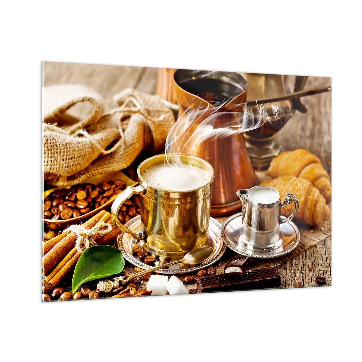 Obraz na szkle - Złoty kubek kawy z mlekiem w otoczeniu ziaren i rogalików - 100x70cm - Miłego dnia! - Nowoczesna dekoracja ścienna do salonu, kuchni i sypialni ARTTOR