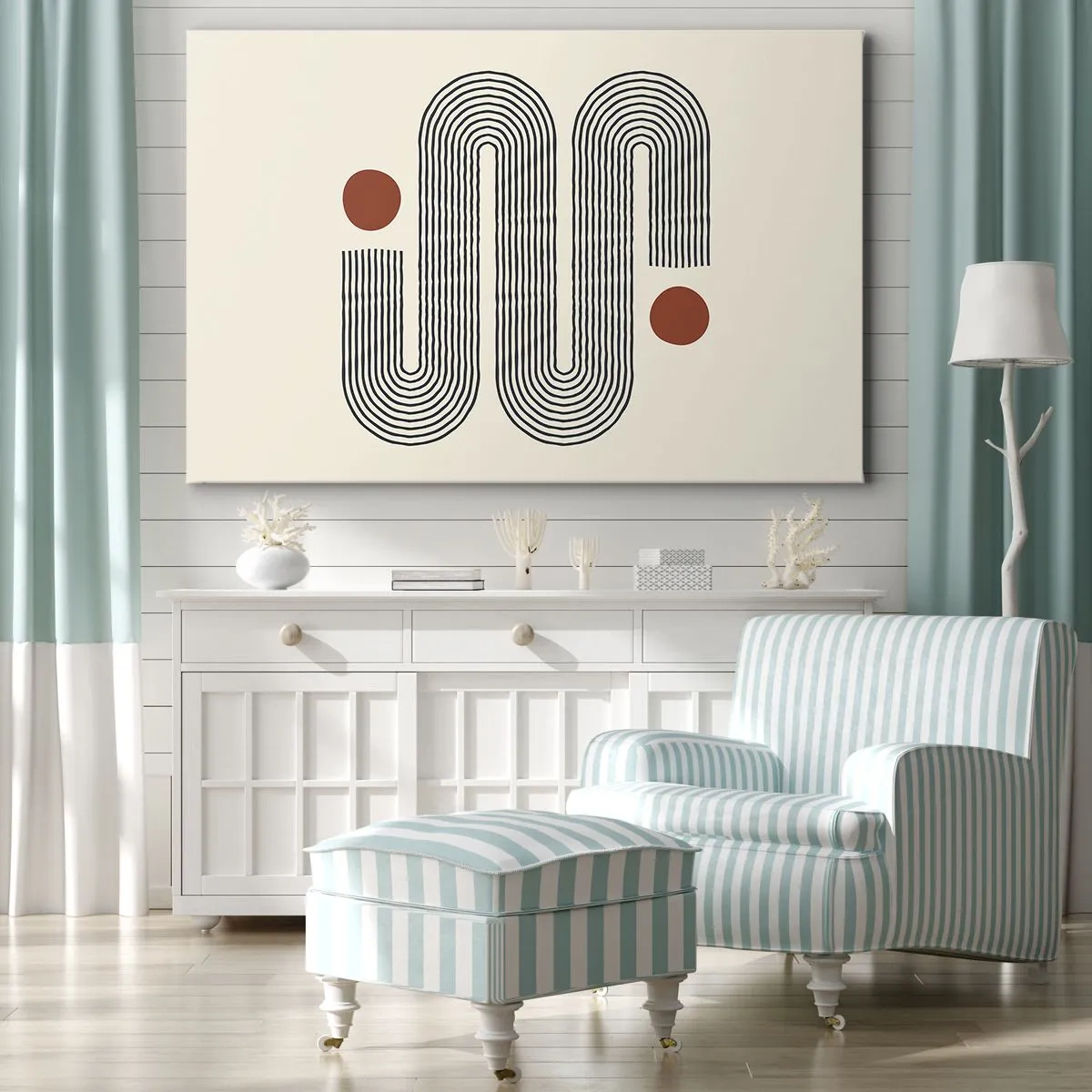 Obraz na płótnie - Geometryczny wzór z liniami i pomarańczowymi okręgami - 120x80cm - Od początku do końca - Nowoczesna dekoracja ścienna do salonu, kuchni i sypialni ARTTOR