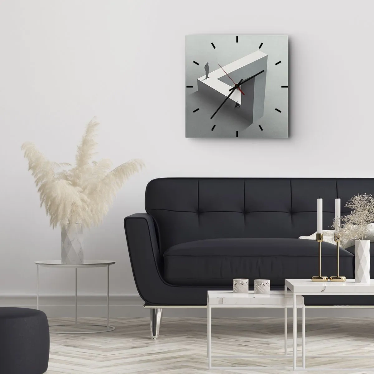 Zegar ścienny - Postać stojąca na trójkącie Penrose’a w szarościach - 30x30cm - A jednak możliwe - Nowoczesna dekoracja ścienna do salonu i sypialni ARTTOR