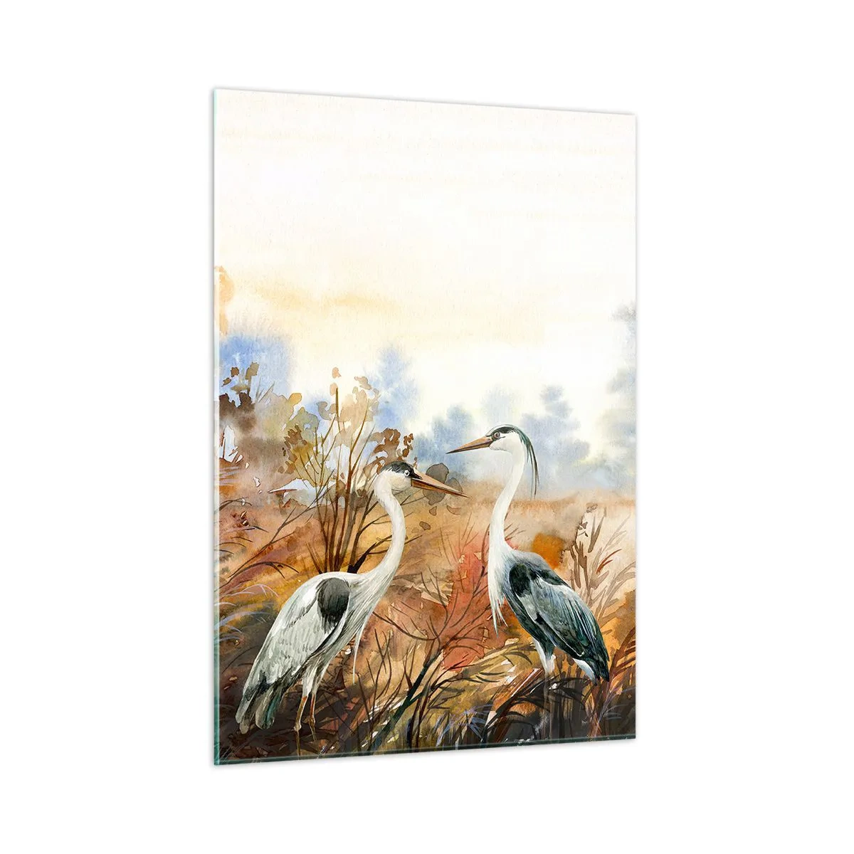 Obraz na szkle - Dwa żurawie w jesiennym pejzażu malowanym akwarelą - 50x70cm - Dokąd jesienią? - Nowoczesna dekoracja ścienna do salonu, kuchni i sypialni ARTTOR