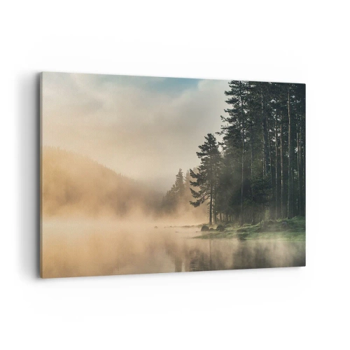 Obraz na płótnie - Mglisty las nad spokojnym jeziorem - 120x80cm - Narodziny dnia - Nowoczesna dekoracja ścienna do salonu, kuchni i sypialni ARTTOR
