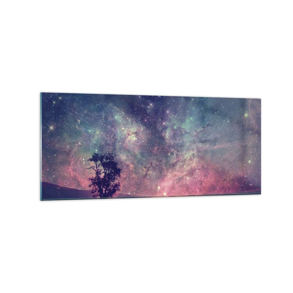 Obraz na szkle - Drzewo na tle gwiaździstego nieba w fioletowo-niebieskich barwach - 120x50cm - Pod magicznym niebem - Nowoczesna dekoracja ścienna do salonu i sypialni ARTTOR