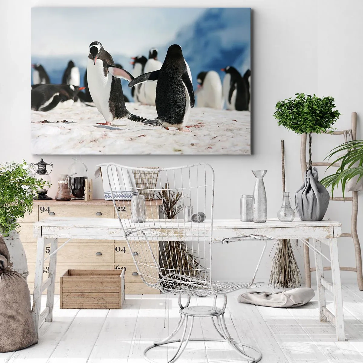 Obraz na płótnie - Grupa pingwinów na śniegu w antarktycznym krajobrazie - 120x80cm - Taniec na śniegu - Nowoczesna dekoracja ścienna do salonu, kuchni i sypialni ARTTOR