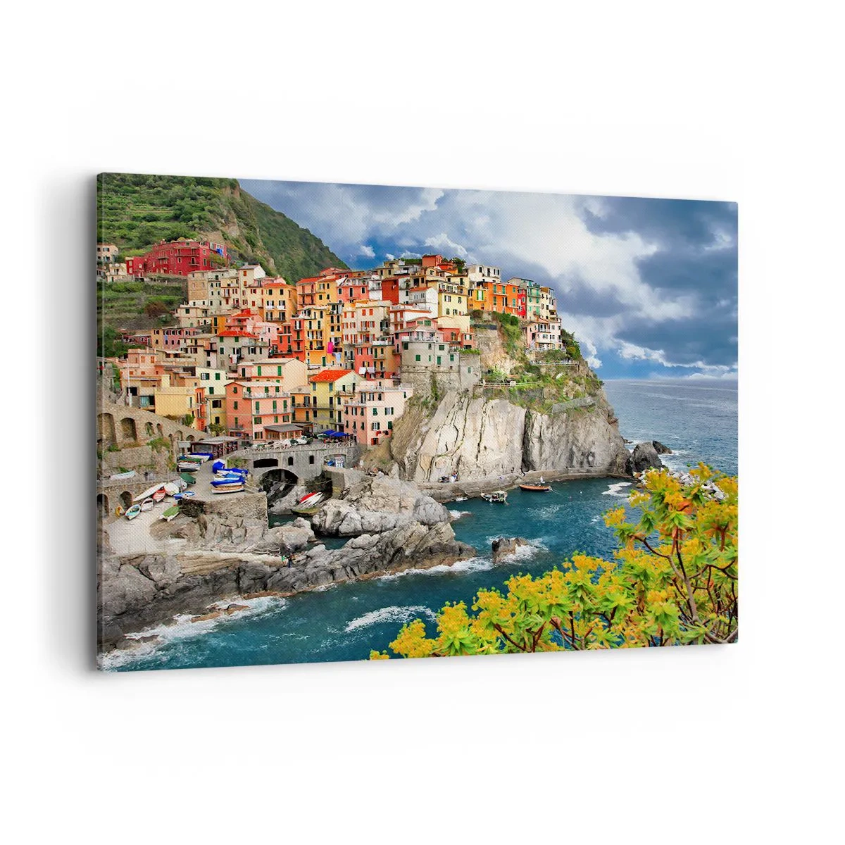 Obraz na płótnie - Kolorowe domy na klifie nad brzegiem morza w Cinque Terre - 100x70cm - Gromadka przytulona do skał - Nowoczesna dekoracja ścienna do salonu, kuchni i sypialni ARTTOR