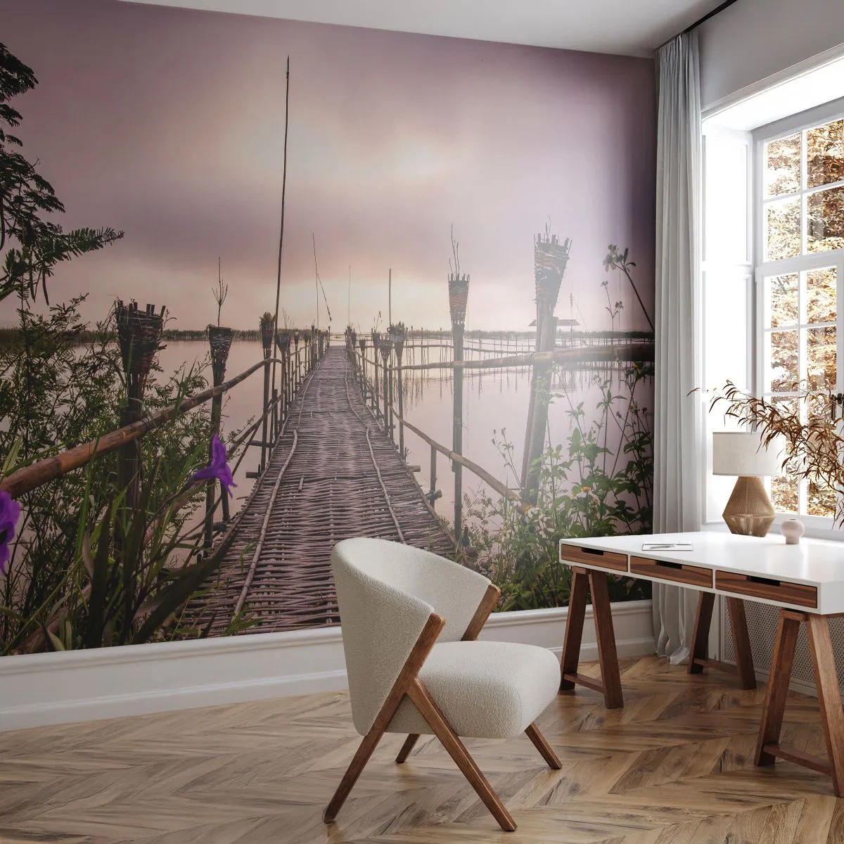 Fototapeta Premium Sand - Drewniany most na tle zachmurzonego nieba - 100x70cm - Spokój i cisza Azji - Nowoczesna dekoracja ścienna do salonu, kuchni i sypialni ARTTOR