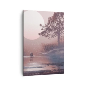 Obraz na płótnie - Romantyczna scena z księżycem i drzewem nad wodą - 70x100cm - Nocne dziwy - Nowoczesna dekoracja ścienna do salonu i sypialni ARTTOR