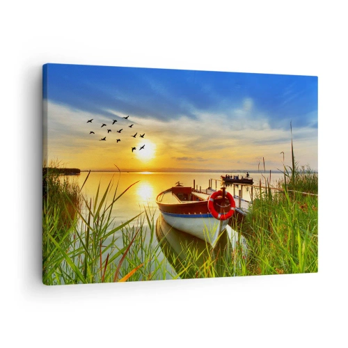 Obraz na płótnie - Łódka przy brzegu jeziora o zachodzie słońca - 70x50cm - Kormorany odlatują już - Nowoczesna dekoracja ścienna do salonu i sypialni ARTTOR
