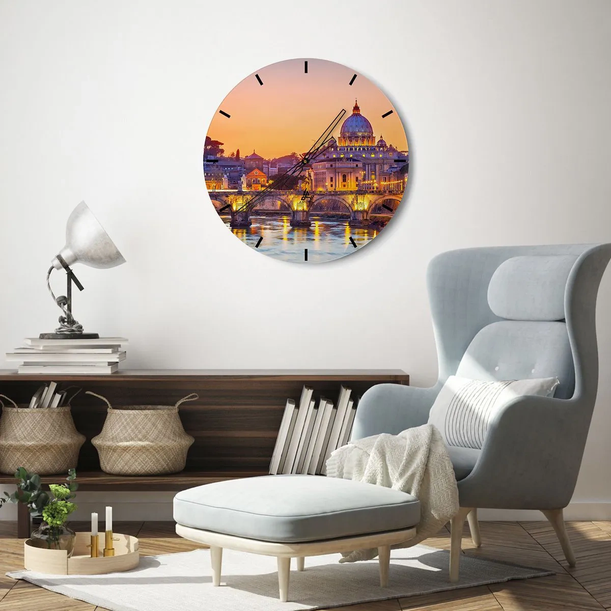 Zegar ścienny - Panorama Rzymu z Bazyliką św. Piotra o zachodzie słońca - 30x30cm - Zmierzch nad Wiecznym Miastem - Nowoczesna dekoracja ścienna do salonu, kuchni i sypialni ARTTOR