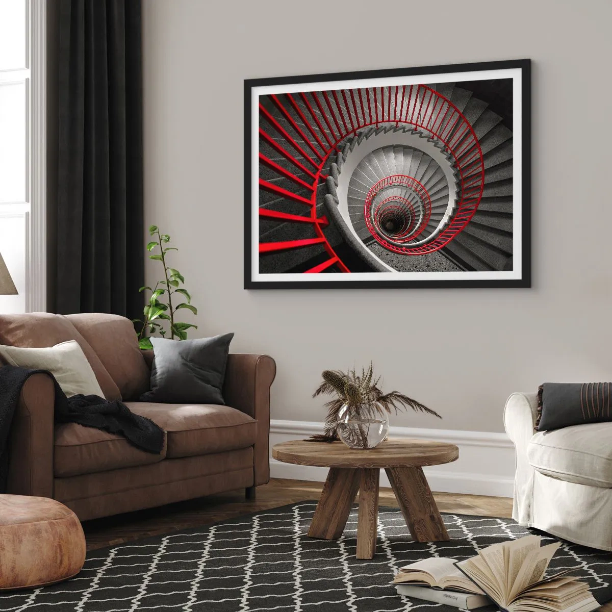 Plakat w czarnej ramie - Spiralne schody z czerwonymi poręczami w dynamicznej perspektywie - 70x50cm - Zabawy architektury - Nowoczesna dekoracja ścienna do salonu i sypialni ARTTOR