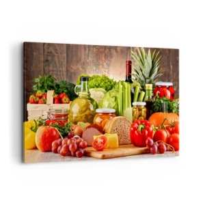 Obraz na płótnie - Kolorowe owoce, warzywa i produkty spożywcze - 120x80cm - Wędzone, pieczone, marynowane - Nowoczesna dekoracja ścienna do salonu, kuchni i sypialni ARTTOR