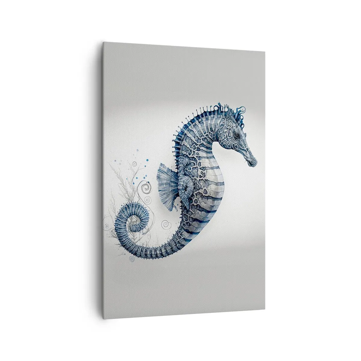 Obraz na płótnie - Konik morski w odcieniach niebieskiego z detalami akwareli - 80x120cm - Subtelny żart natury - Nowoczesna dekoracja ścienna do salonu i sypialni ARTTOR