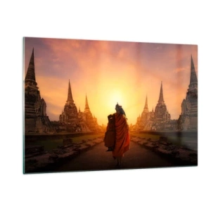 Obraz na szkle - Mnich na tle zachodzącego słońca i świątyń w Azji - 120x80cm - W spokoju przez wieczność - Nowoczesna dekoracja ścienna do salonu, kuchni i sypialni ARTTOR