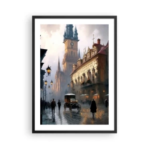 Plakat w czarnej ramie - Zabytkowe miasto o zmierzchu z historycznym pojazdem - 50x70cm - Czar praskiego wieczoru - Nowoczesna dekoracja ścienna do salonu i sypialni ARTTOR
