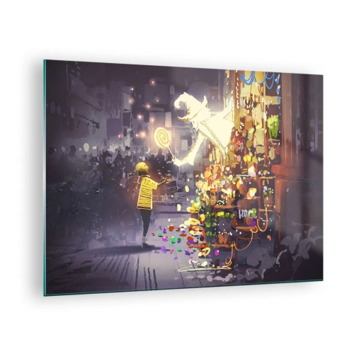 Obraz na szkle - Dziecko w jasnej koszulce przy świetlistym stoisku pełnym kolorowych słodyczy - 70x50cm - Czary istnieją - Nowoczesna dekoracja ścienna do salonu i sypialni ARTTOR