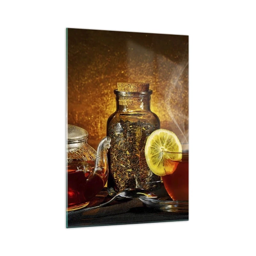 Obraz na szkle - Herbata w szklanym dzbanku z cytryną i sypaną herbatą - 70x100cm - W stylu holenderskich mistrzów - Nowoczesna dekoracja ścienna do salonu i sypialni ARTTOR