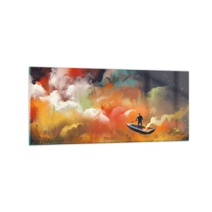 Obraz na szkle - Postać w łodzi na tle kolorowych chmur - 120x50cm - Łodzią przez galaktykę - Nowoczesna dekoracja ścienna do salonu i sypialni ARTTOR