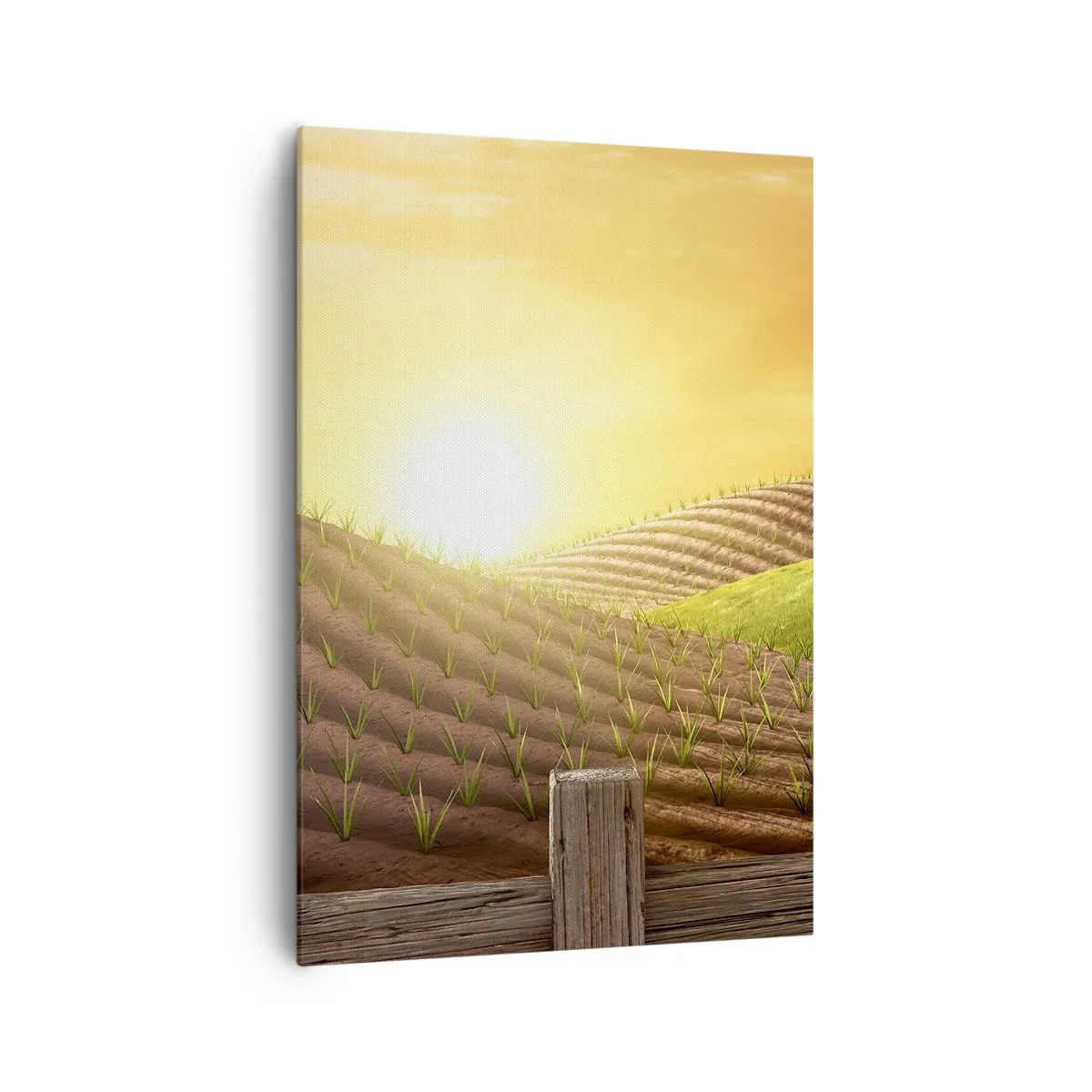 Obraz na płótnie - Wiejski krajobraz z czerwoną stodołą, traktorem i wschodem słońca - 70x100cm - Farma jak z bajki - Nowoczesna dekoracja ścienna do salonu i sypialni ARTTOR