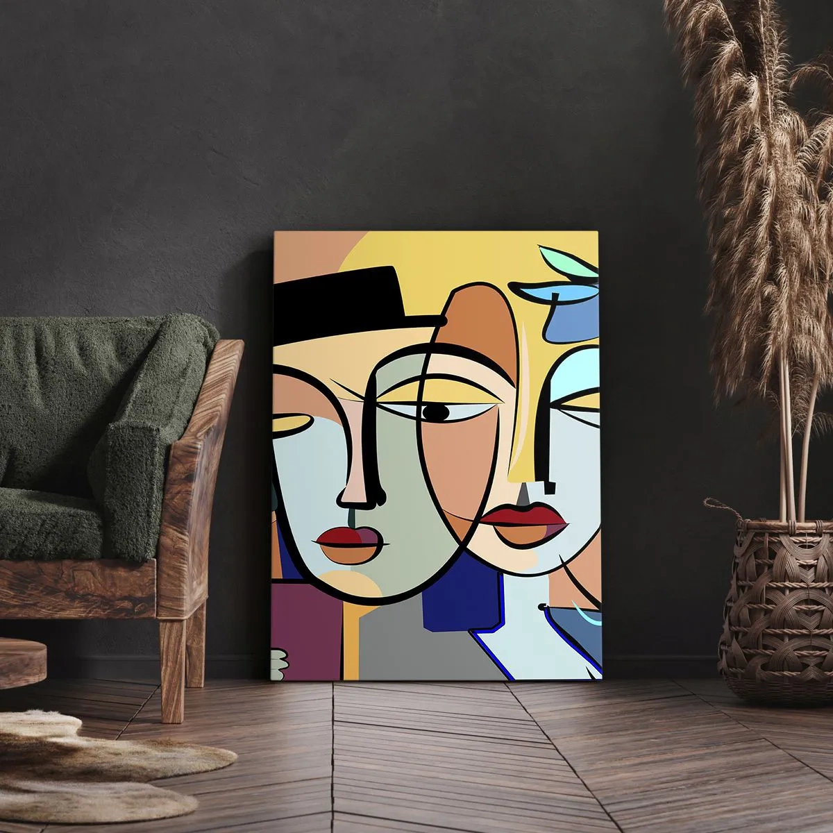 Obraz na płótnie - Kubistyczna ekspresja w stylu Picassa - 50x70cm - Picassowskie randez vous - Nowoczesna dekoracja ścienna do salonu, kuchni i sypialni ARTTOR