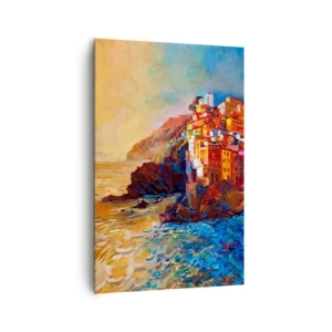 Obraz na płótnie - Kolorowe domy na klifie nad morzem - 80x120cm - Włoskie klimaty - Nowoczesna dekoracja ścienna do salonu i sypialni ARTTOR