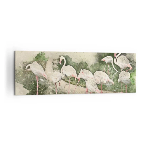 Obraz na płótnie - Flamingi w naturalnym otoczeniu w akwarelowym stylu - 160x50cm - Egzotyczny sen - Nowoczesna dekoracja ścienna do salonu i sypialni ARTTOR