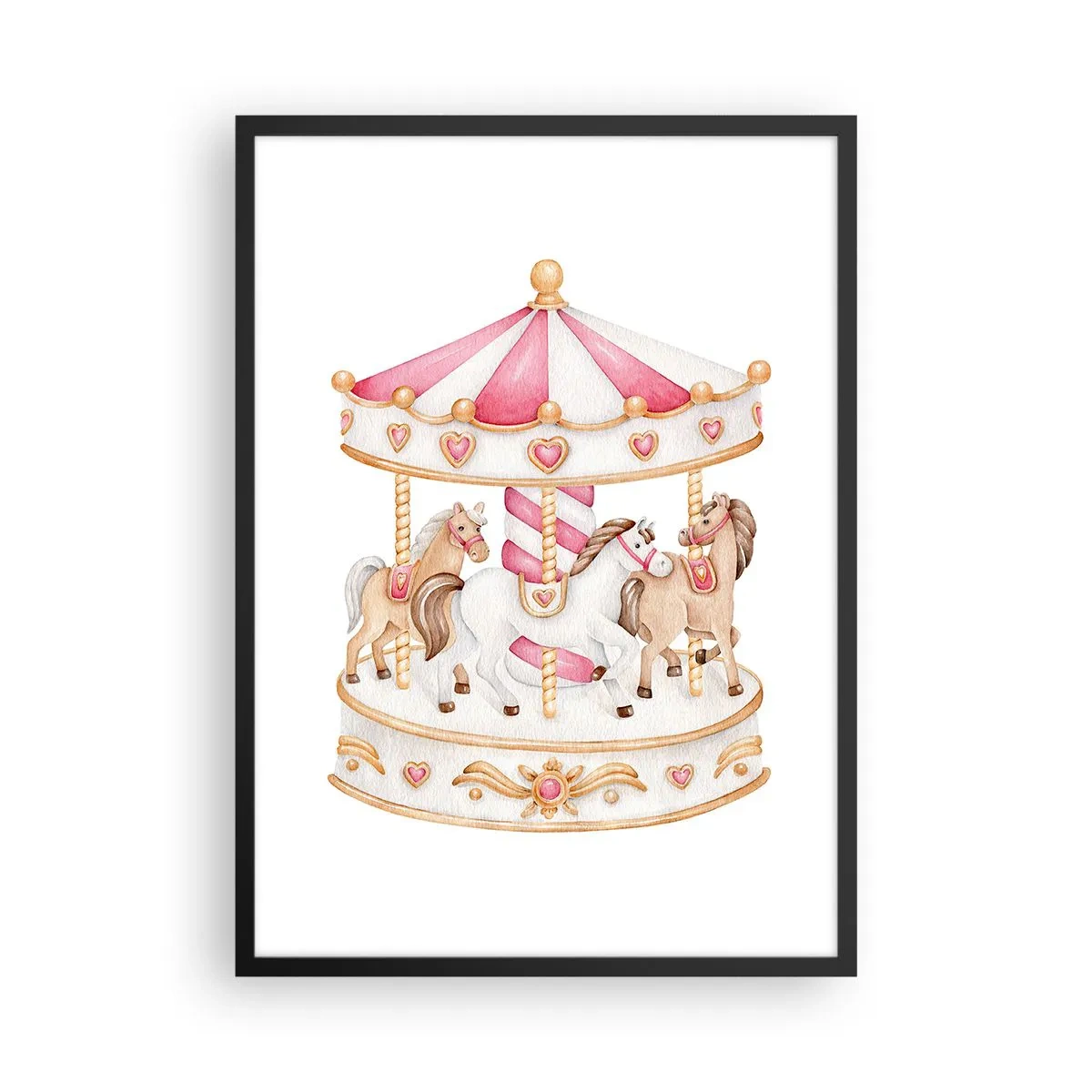 Plakat w czarnej ramie - Akwarelowa karuzela w pastelowych odcieniach różu - 50x70cm - Słodki świat dzieciństwa - Nowoczesna dekoracja ścienna do salonu i sypialni ARTTOR