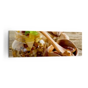 Obraz na płótnie - Naturalne grzyby w słoiku na rustykalnym stole - 160x50cm - Czy świeży, czy solony, czy jesiennej pory... - Nowoczesna dekoracja ścienna do salonu i sypialni ARTTOR