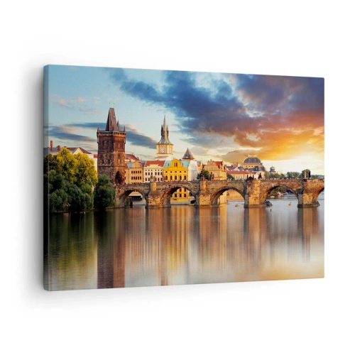 Obraz na płótnie - Zabytkowy most nad rzeką w świetle zachodzącego słońca - 70x50cm - Piękna od wieków - Nowoczesna dekoracja ścienna do salonu i sypialni ARTTOR