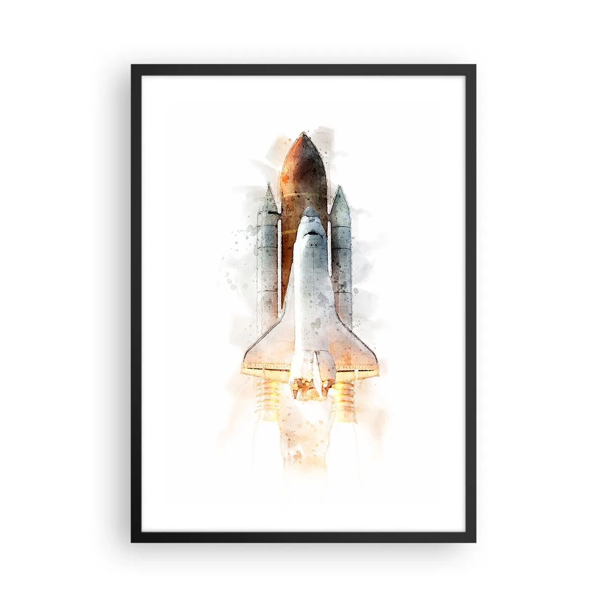 Plakat w czarnej ramie - Startujący wahadłowiec kosmiczny w stylu akwarelowym - 50x70cm - Odkrywcy na start - Nowoczesna dekoracja ścienna do salonu i sypialni ARTTOR