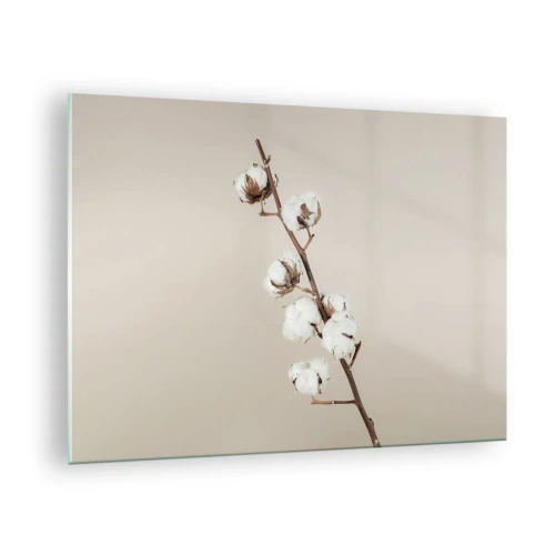 Obraz na szkle - Gałązka bawełny na jasnym, minimalistycznym tle - 70x50cm - U źródła miękkości - Nowoczesna dekoracja ścienna do salonu i sypialni ARTTOR