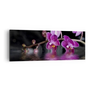 Obraz na płótnie - Fioletowe orchidee nad spokojną wodą na tle czarnym - 140x50cm - Liliowe odbicie piękna - Nowoczesna dekoracja ścienna do salonu i sypialni ARTTOR