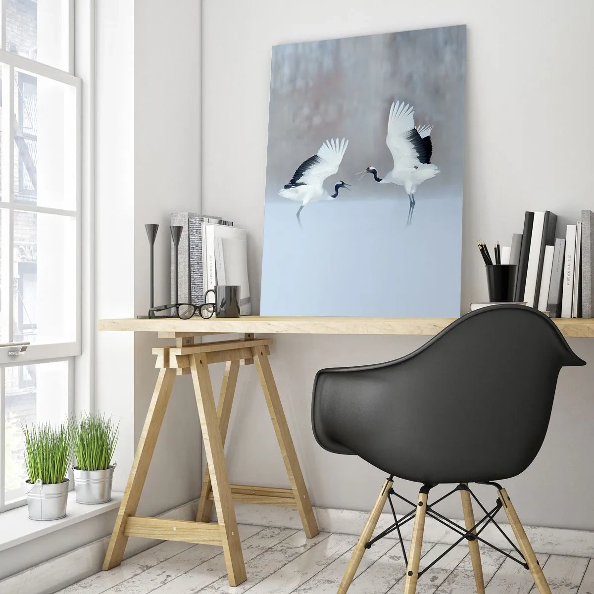 Obraz na szkle - Dwa żurawie tańczące w mglistej scenerii - 80x120cm - Taniec we mgle - Nowoczesna dekoracja ścienna do salonu i sypialni ARTTOR