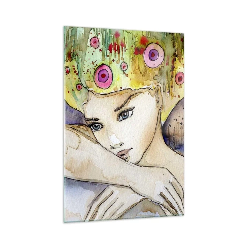 Obraz na szkle - Kobieta z abstrakcyjną fryzurą i różowym motylem - 80x120cm - Motyla księżniczka - Nowoczesna dekoracja ścienna do salonu i sypialni ARTTOR