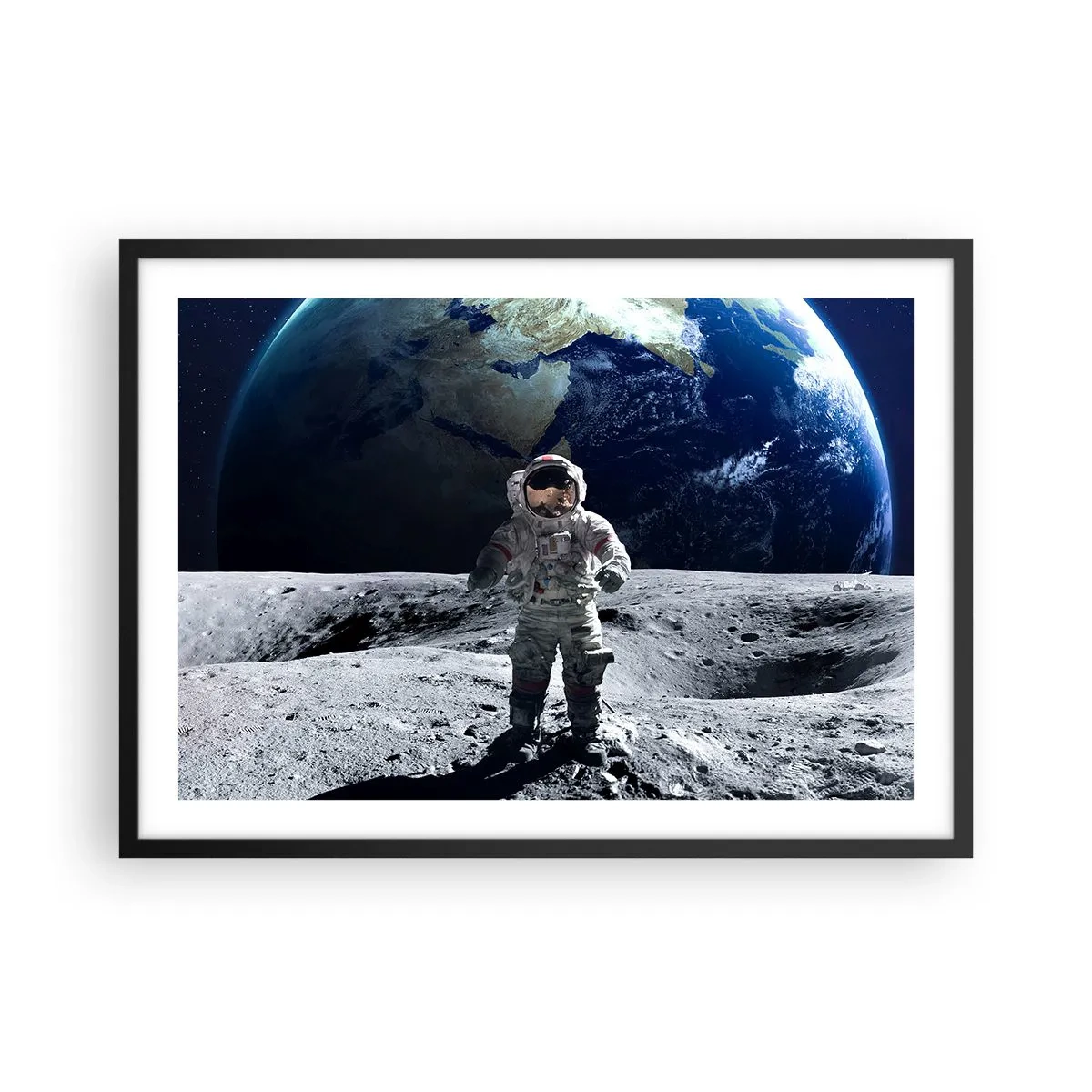 Plakat w czarnej ramie - Astronauta na powierzchni Księżyca z Ziemią w tle - 70x50cm - Pozdrowienia z Księżyca - Nowoczesna dekoracja ścienna do salonu i sypialni ARTTOR