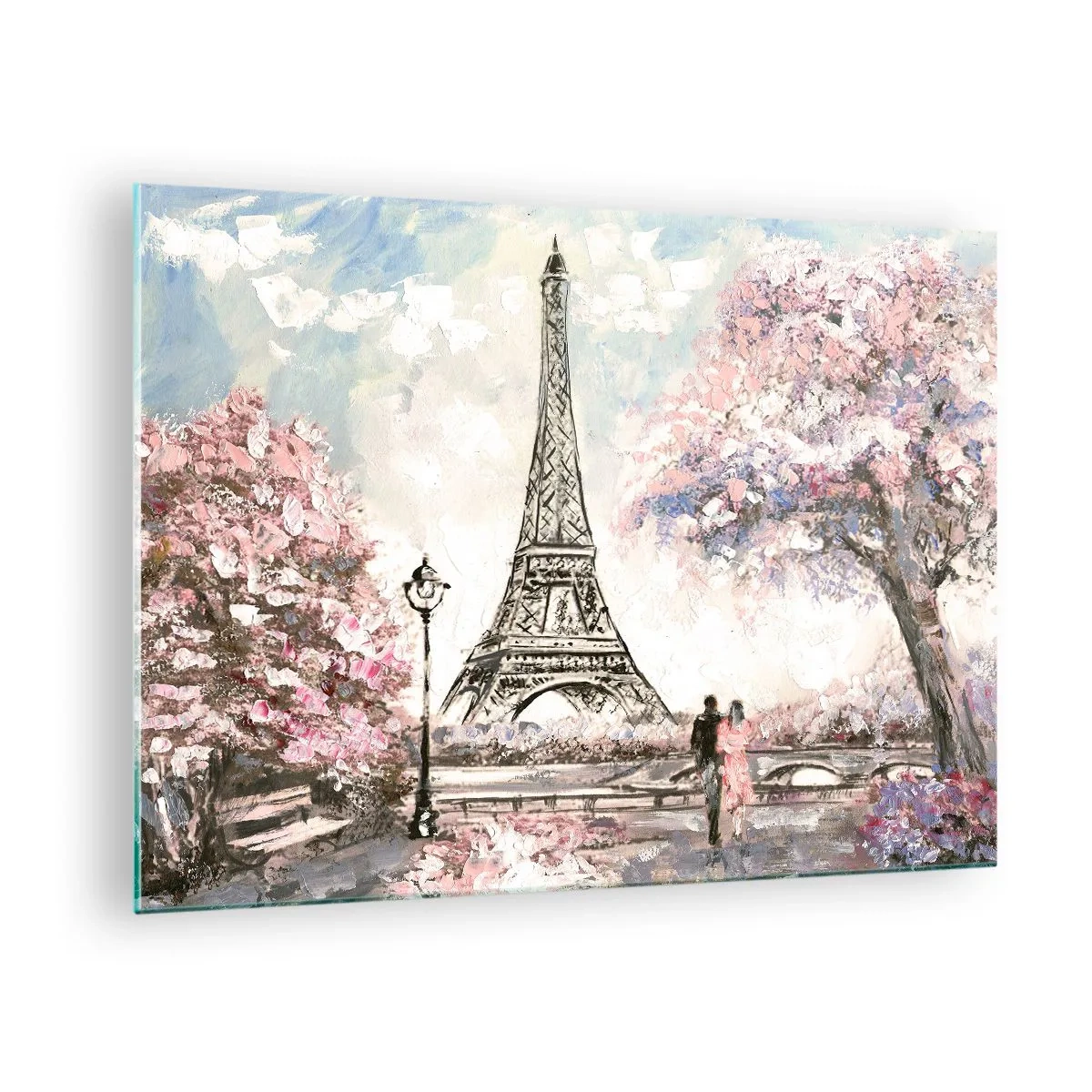 Obraz na szkle - Ilustracja przedstawiająca Wieżę Eiffla w wiosennej scenerii - 70x50cm - Kwietniowy spacer po Paryżu - Nowoczesna dekoracja ścienna do salonu i sypialni ARTTOR