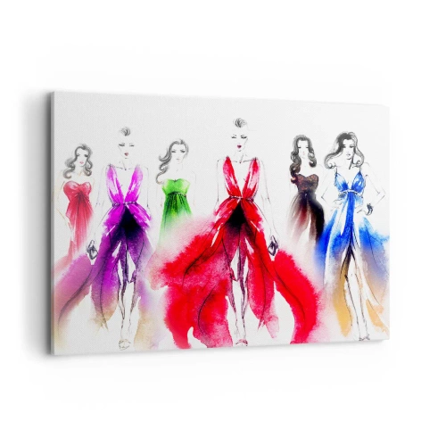 Obraz na płótnie - Ilustracja mody z modelkami w kolorowych sukniach - 100x70cm - Nastroje na stroje - Nowoczesna dekoracja ścienna do salonu, kuchni i sypialni ARTTOR